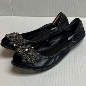 Vera Wang Lavender Black Leather Rhinestone Slip On Open Toe Flats Size 9